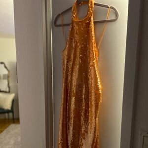 Caroline Constas Orange Halter Sequin Midi Dress (Small)